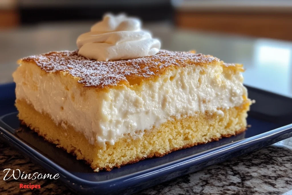 Pudding Cake Recipe in a Blue plate - winsome Recipes