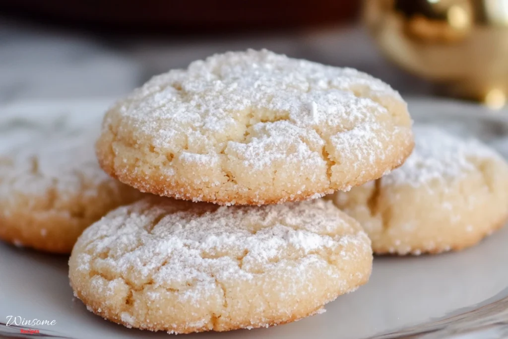 A beautifully arranged plate of golden-brown Italian almond cookies, dusted with powdered sugar, surrounded by scattered almonds and fresh herbs -winsome recipes