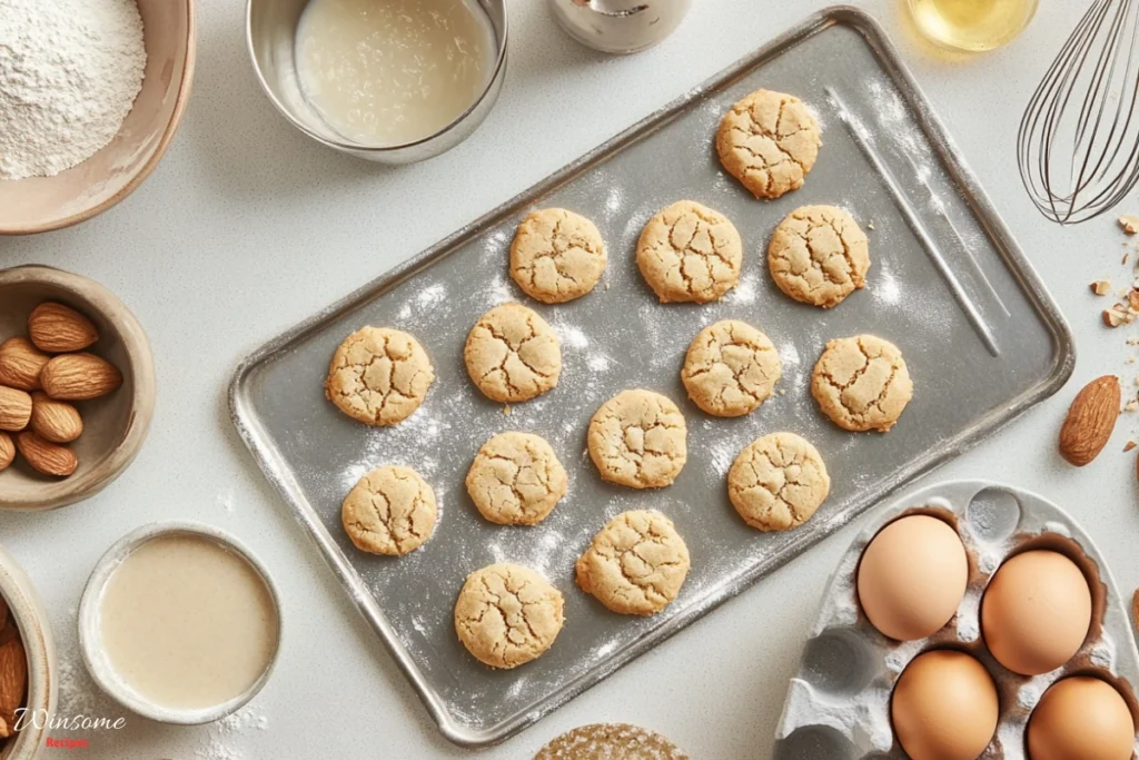 A visually appealing flat lay of a step-by-step almond cookie recipe, featuring ingredients like flour, sugar, eggs, ground almonds, and almond extract arranged neatly; images of mixing bowls, a whisk, and a baking sheet; the cookies in various stages of preparation including dough, spooning onto the baking sheet, and freshly baked golden-brown cookies