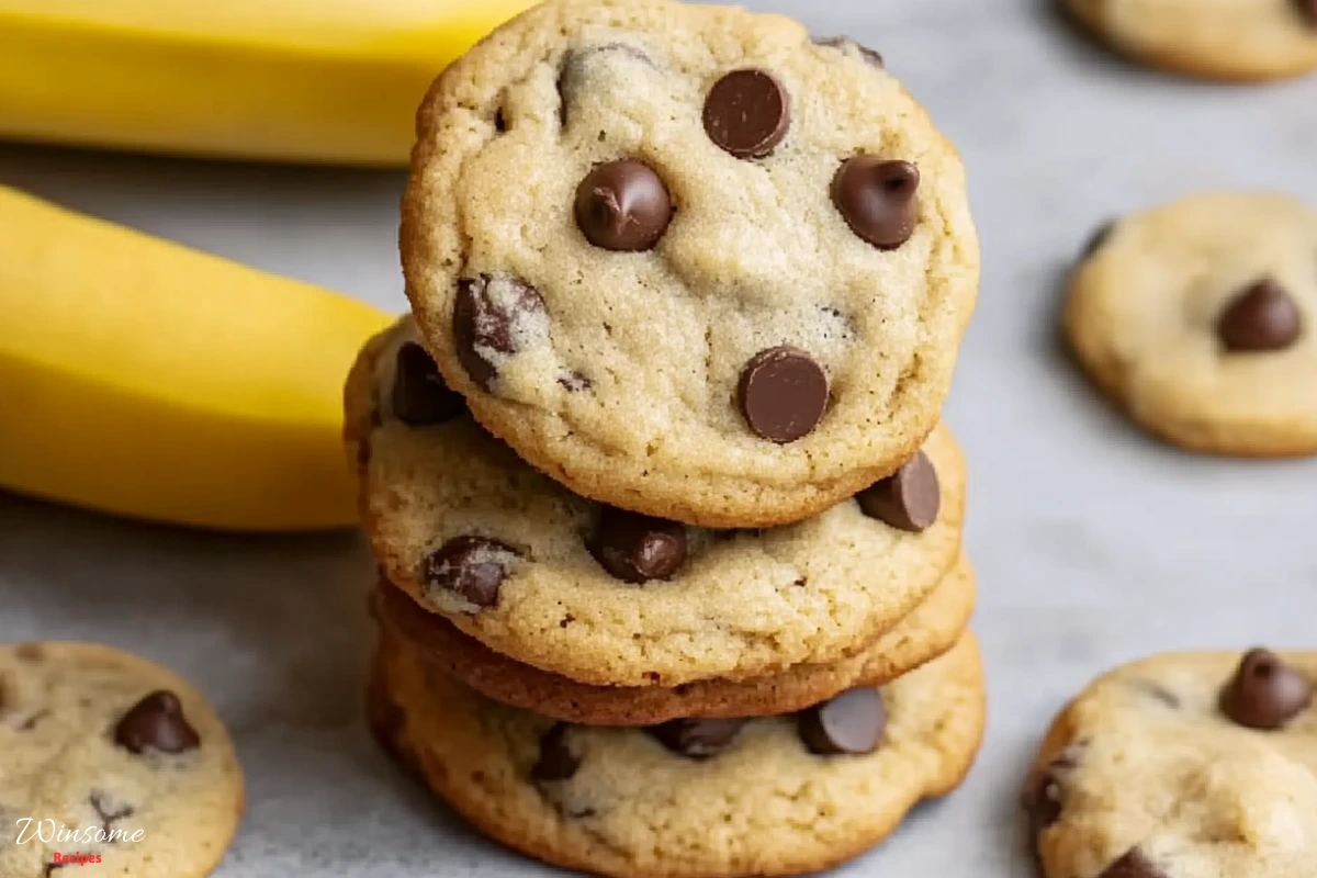 A plate of freshly baked banana chocolate chip cookies, warm and gooey, with melted chocolate chips glistening, surrounded by ripe bananas and a sprinkle of flour - winsome recipes