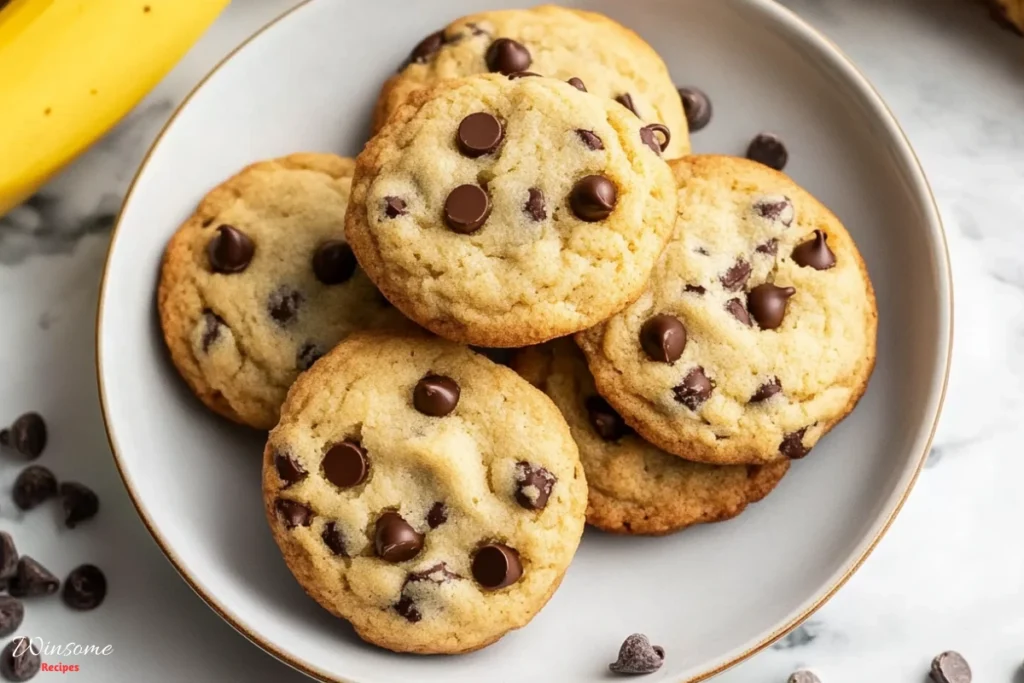 banana chocolate chip cookies Served in a white plate - winsome recipes