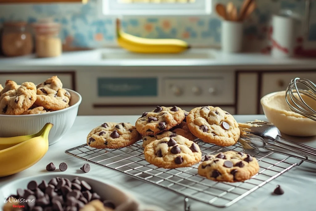 A vibrant kitchen scene featuring freshly baked banana chocolate chip cookies on a cooling rack, surrounded by ingredients like ripe bananas, chocolate chips, and a bowl of dough, with baking utensils - winsome recipes