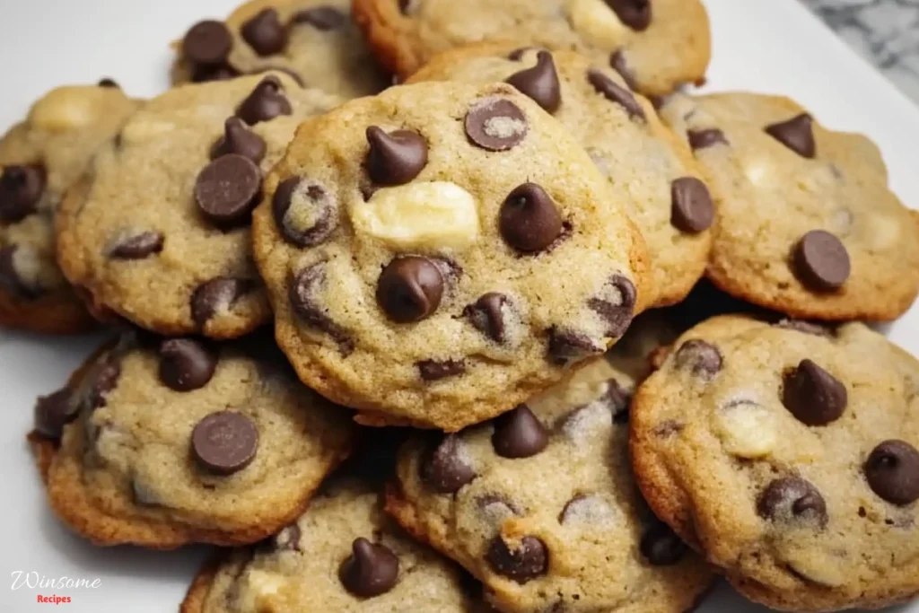 A plate of freshly baked banana chocolate chip cookies, golden brown and slightly crispy on the edges, with melty chocolate chips glistening on top - winsome recipes