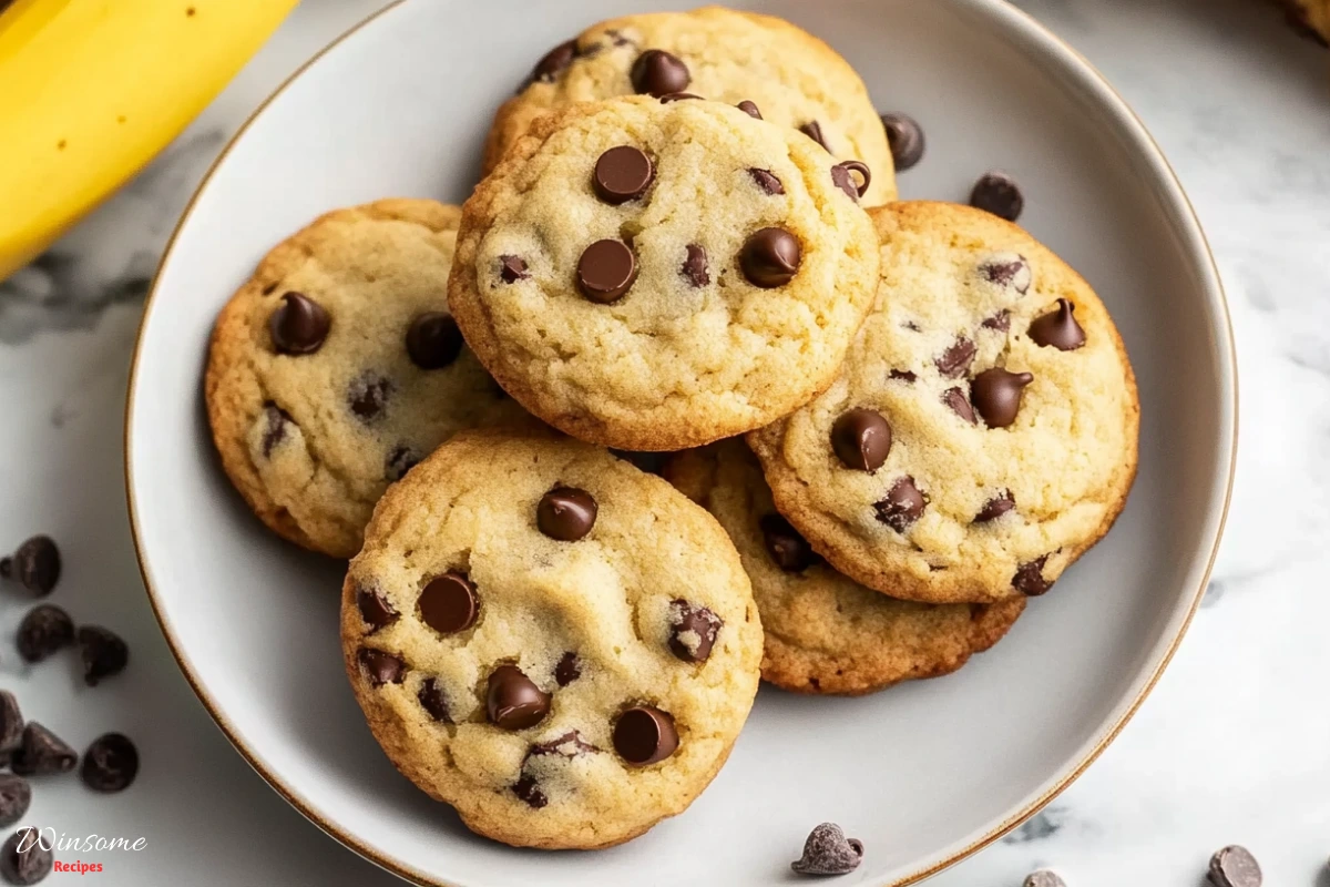 banana chocolate chip cookies Served in a white plate - winsome recipes
