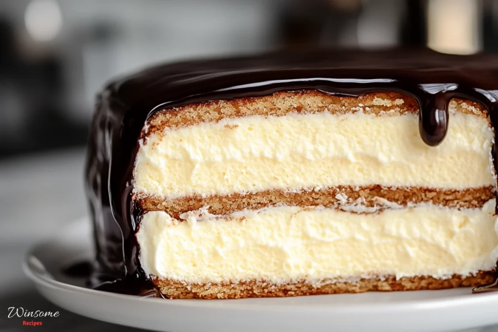 A beautifully arranged display of fresh ingredients for Boston cream cake: a rich chocolate glaze in a glossy bowl, creamy vanilla custard in a small pot, fluffy yellow cake layers stacked elegantly, farm-fresh eggs, a generous mound of granulated sugar, unsalted butter in a rustic dish, sifted flour scattered artistically, and a splash of milk in a glass pitcher, all set on a wooden kitchen countertop with natural light highlighting the textures and colors
