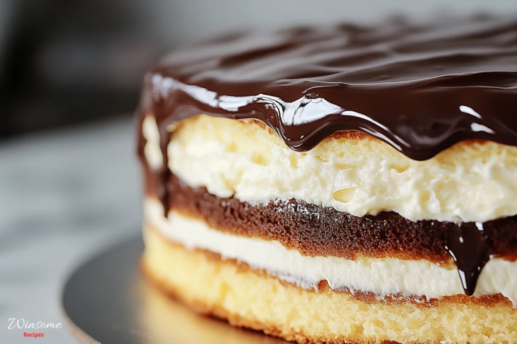 A beautifully layered Boston cream cake with rich chocolate ganache on top, creamy vanilla custard filling peeking through the layers