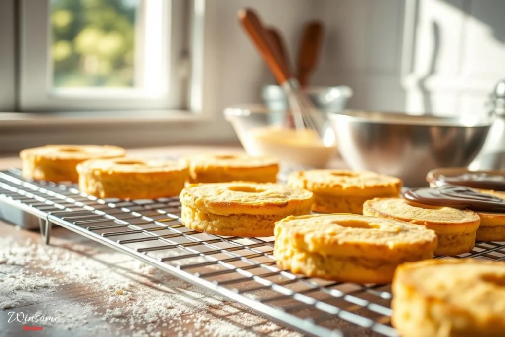 A cozy kitchen scene with freshly baked golden cake layers cooling on a wire rack, soft sunlight streaming through the window, flour dust lightly scattered on the counter, mixing bowls with creamy custard and chocolate ganache in the background, a whisk and spatula resting beside the ingredients, inviting and warm atmosphere.