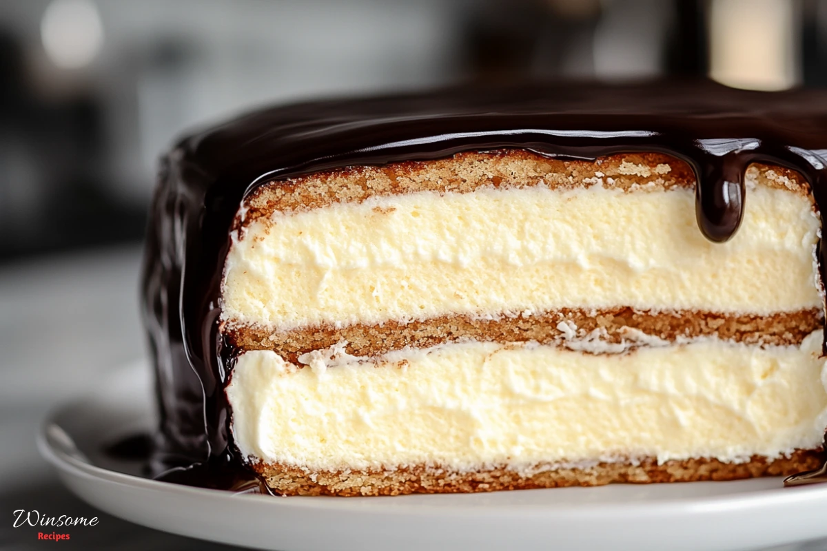 A beautifully arranged display of fresh ingredients for Boston cream cake: a rich chocolate glaze in a glossy bowl, creamy vanilla custard in a small pot, fluffy yellow cake layers stacked elegantly, farm-fresh eggs, a generous mound of granulated sugar, unsalted butter in a rustic dish, sifted flour scattered artistically, and a splash of milk in a glass pitcher, all set on a wooden kitchen countertop with natural light highlighting the textures and colors