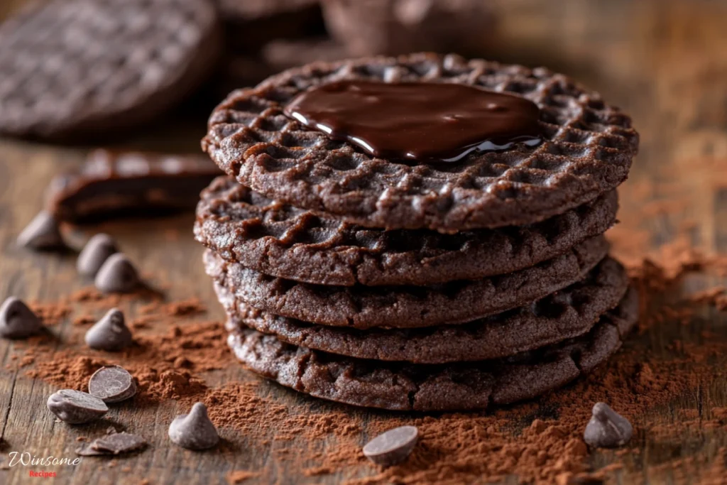 A close-up view of freshly baked chocolate wafer cookies stacked on a rustic wooden table, with rich, dark chocolate melting slightly on top - winsome recipes
