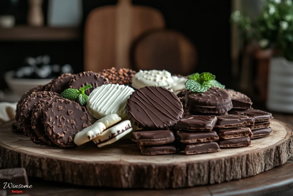 A beautifully arranged assortment of chocolate wafer cookies, showcasing various flavors and textures, including classic dark chocolate, white chocolate-dipped, mint-infused, and hazelnut cream-filled, all on a rustic wooden platter - winsome recipes
