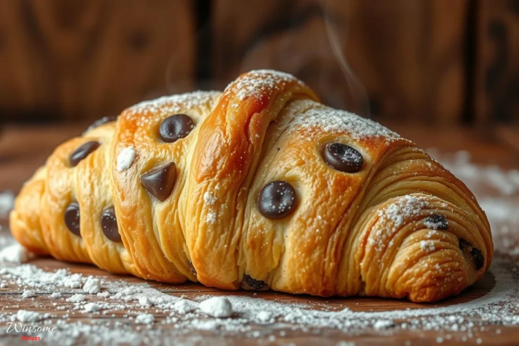 A freshly baked cookie croissant, golden brown and flaky, with chocolate chip pieces melting on the edges, set against a rustic wooden table, surrounded by scattered flour and a delicate dusting of powdered sugar, warm steam rising, creating an inviting and mouthwatering atmosphere.
