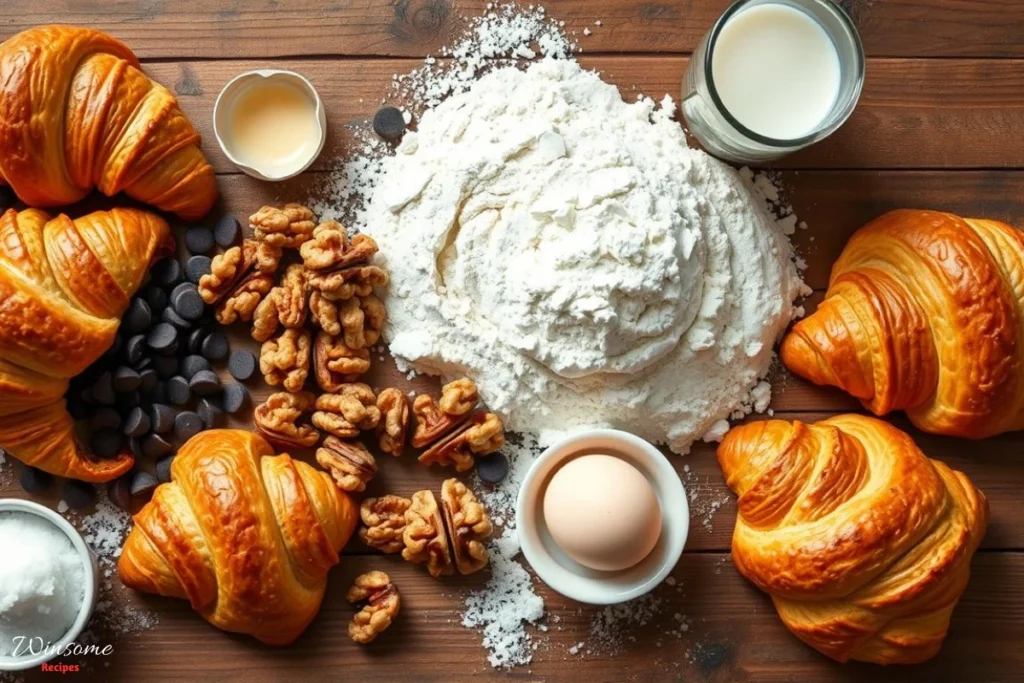A beautifully arranged flat lay of cookie croissant ingredients, featuring golden-brown croissants, rich chocolate chips, whole walnuts, a mound of flour, a cracked egg, a glass of milk, soft butter, and scattered sugar crystals, all on a rustic wooden table with subtle warm lighting to enhance the deliciousness. 