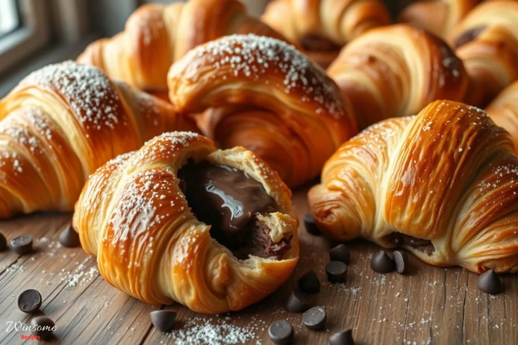 "An assortment of golden, flaky croissants displayed on a rustic wooden table, some slightly cracked open to reveal a rich chocolate filling, glistening with a hint of glaze, surrounded by scattered chocolate chips and a delicate sprinkle of powdered sugar, warm, inviting atmosphere with natural soft light streaming in."