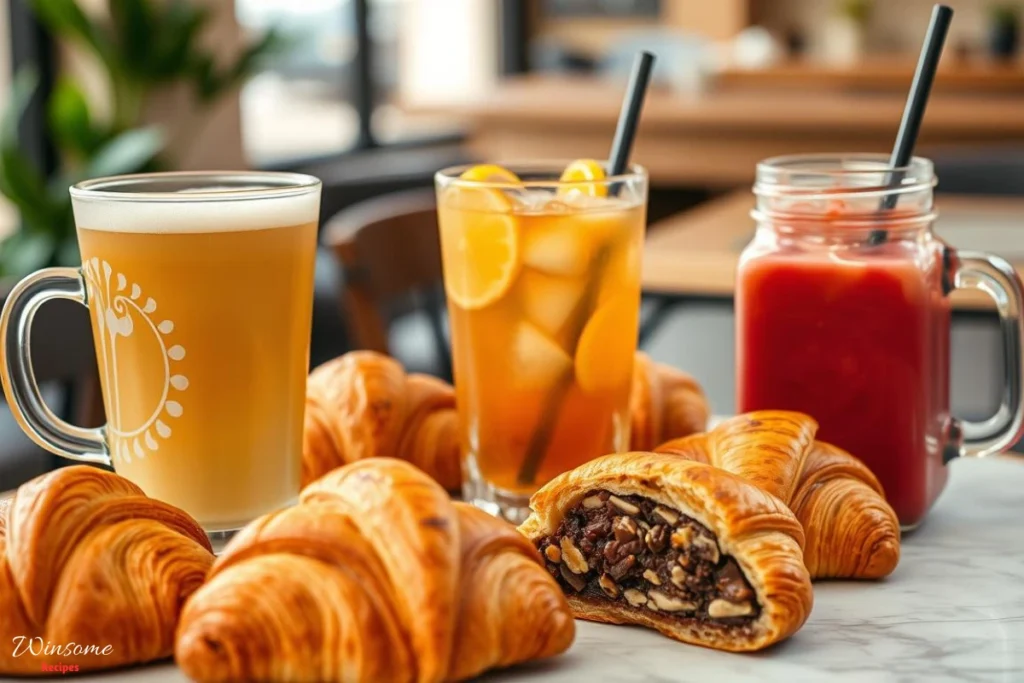 A beautifully arranged coffee table featuring an assortment of drinks paired with cookie croissants. Include a steaming cup of cappuccino topped with latte art, a glass of refreshing iced tea with lemon slices, and a colorful smoothie in a mason jar. Surround the drinks with flaky, golden-brown cookie croissants filled with chocolate and nuts. Set against a cozy café backdrop with soft natural light illuminating the scene, enhancing the textures and colors of the pastries and beverages.