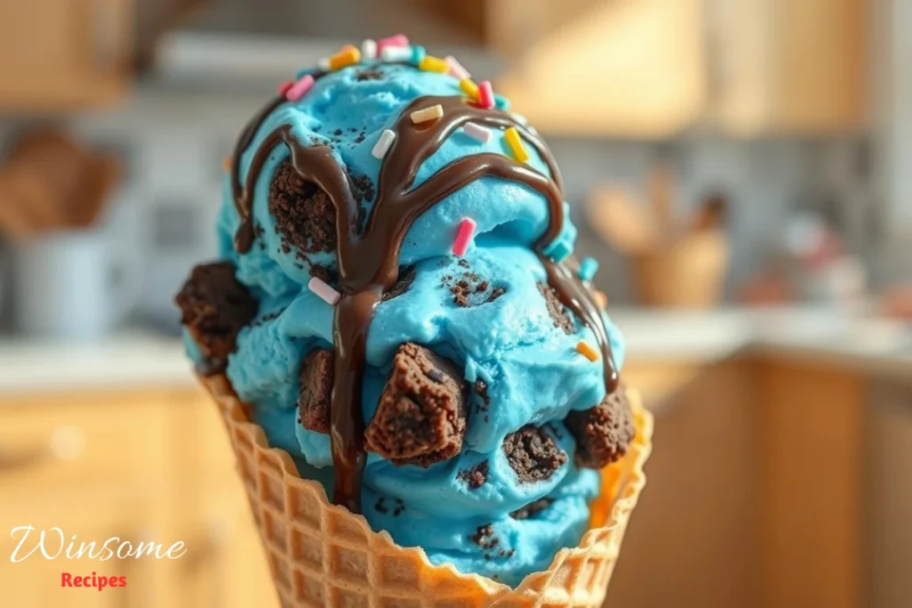 A visually enticing scoop of vibrant blue ice cream with chunks of chocolate cookies - winsome recipes
