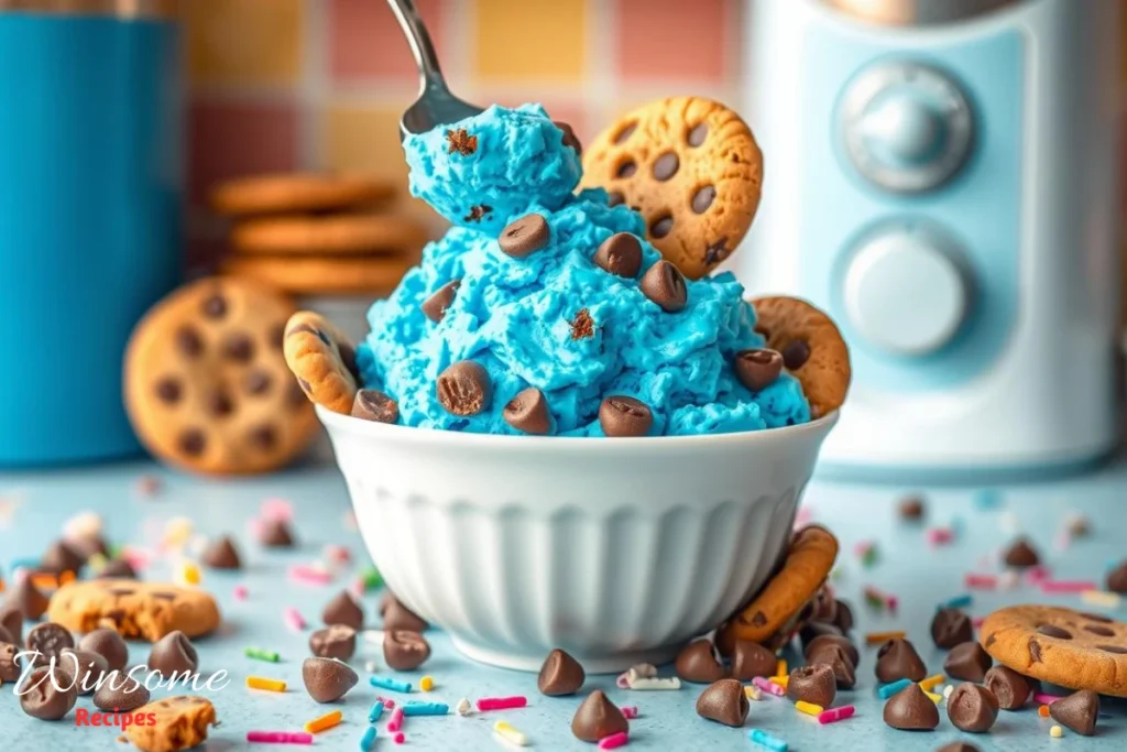 A vibrant kitchen setting with a bowl of bright blue ice cream resembling Cookie Monster's fur, surrounded by chocolate chip cookies crumbled into the mix - winsome recipes