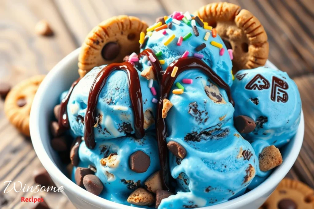 A vibrant bowl of homemade cookie monster ice cream, featuring a rich blue base speckled with chunks of chocolate chip cookies and swirling hints of creamy vanilla. The ice cream is topped with a generous drizzle of chocolate sauce, colorful sprinkles, and a few whole cookies artfully placed on the side - winsome recipes