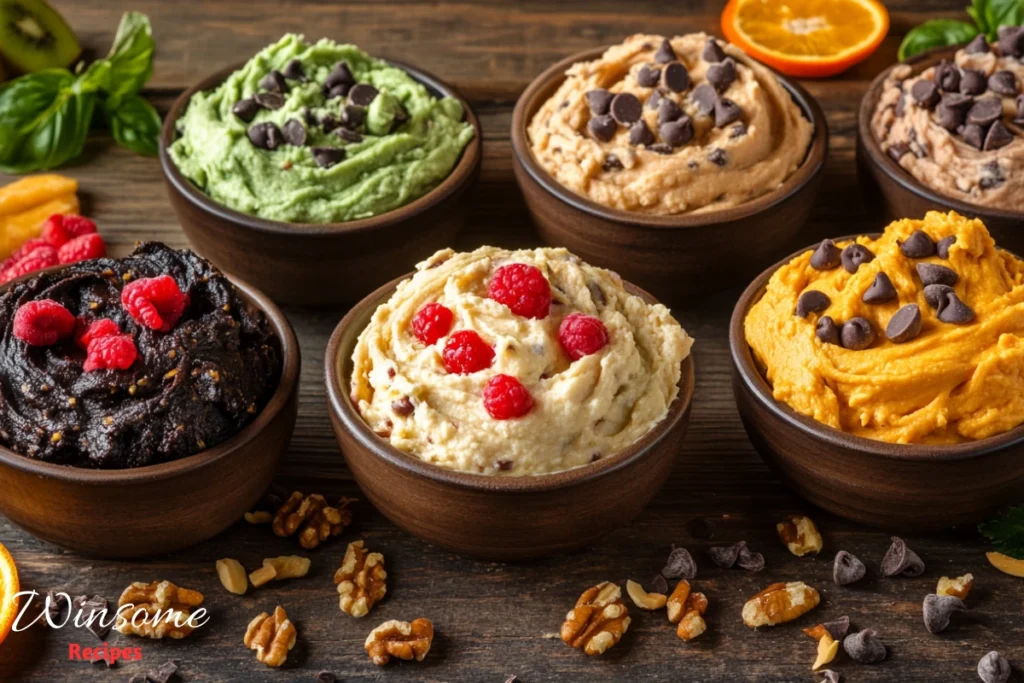 A vibrant array of unique cookie dough flavors displayed in artistic, rustic bowls, featuring colorful swirls of cottage cheese cookie dough infused with chocolate chips, matcha green tea, bright orange zest, and rich peanut butter swirl. - winsome recipes