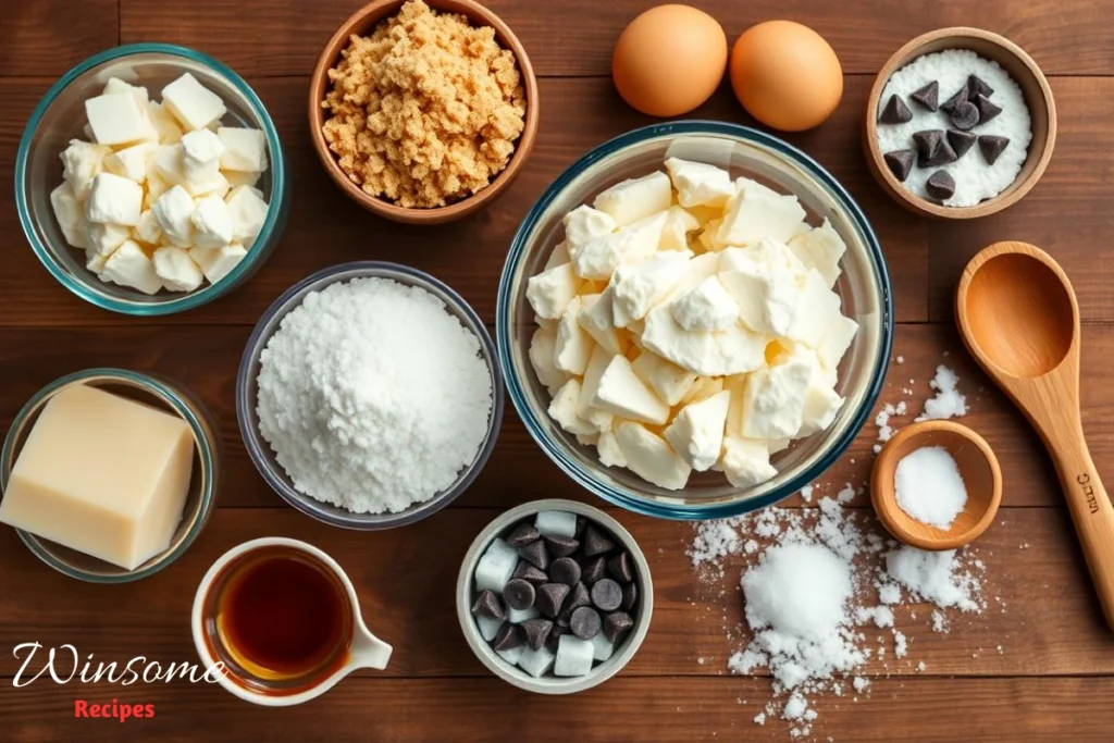 A beautifully arranged flat lay of essential ingredients for cottage cheese cookie dough, featuring a bowl of creamy cottage cheese, golden brown sugar, white granulated sugar, fresh eggs, all-purpose flour, a sprinkle of baking soda, and vanilla extract. - winsome recipes