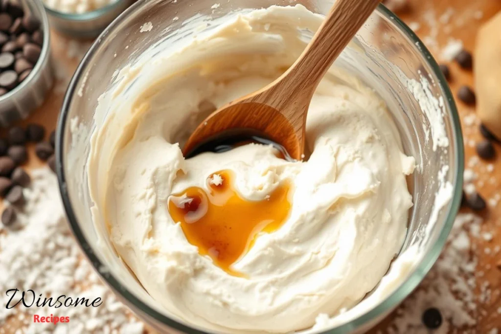 A close-up of a mixing bowl filled with creamy cottage cheese, glistening with sugar and vanilla, surrounded by chocolate chips and dough ingredients; a wooden spoon rests inside, flour dust scattered on the countertop, soft light illuminating the scene, inviting and warm atmosphere of a cozy kitchen setting. -winsome recipes