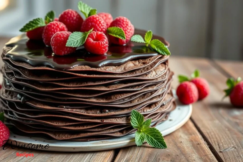 Decadent chocolate crepe cake, layers of thin chocolate crepes stacked high, rich dark chocolate ganache between each layer -winsome recipes