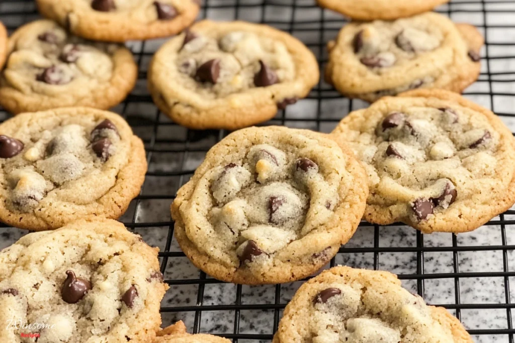 A close-up view of freshly baked Ghirardelli chocolate chip cookies