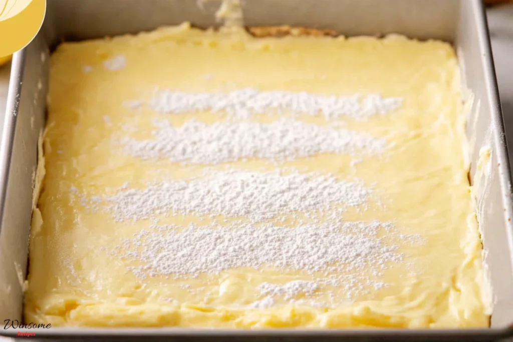 A photograph of a yellow lemon bar in a baking dish, with powdered sugar sprinkled on top and dusted over it.
