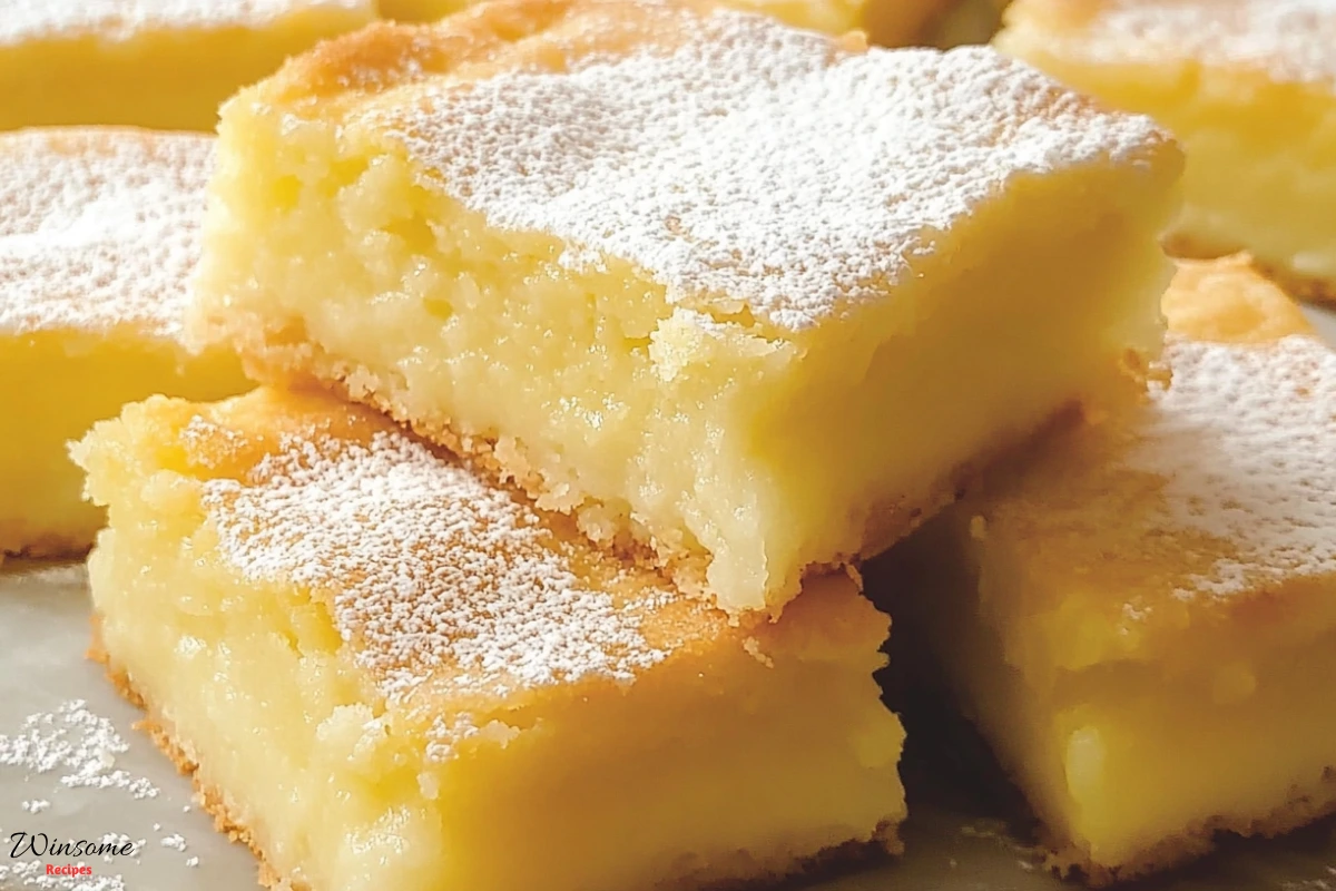 A close-up of lemon bars with cake mix, dusted with powdered sugar and cut into squares on top of each other, creating an attractive display