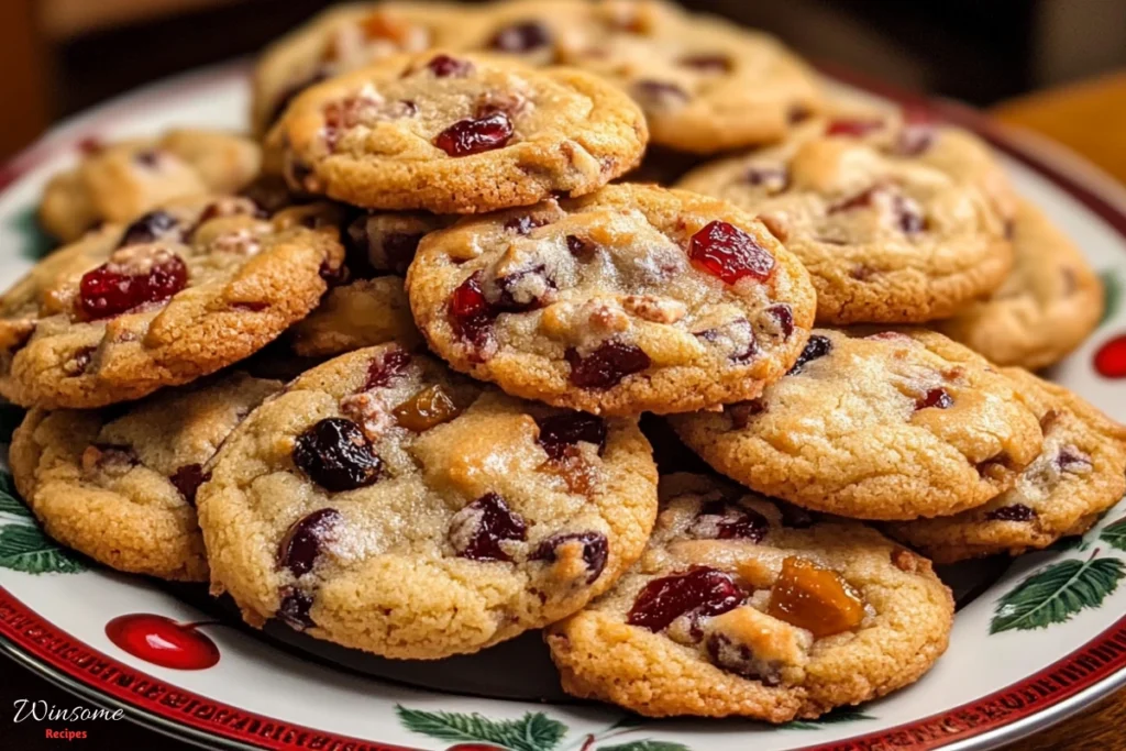 A close-up view of freshly baked oatmeal cranberry cookies, golden brown with a soft texture, scattered cranberries and oats visibly peeking through, sitting on a rustic wooden table with a cozy kitchen backdrop, warm soft lighting enhancing the deliciousness, with a hint of milk in the background for contrast.