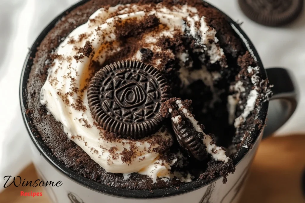 Delicous oreo mug cake photo taken from Top - winsome recipes
