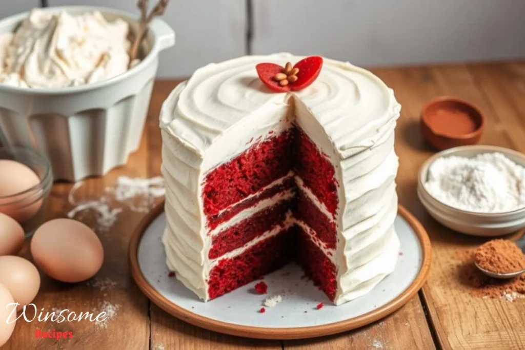 A beautifully layered southern red velvet cake with velvety cream cheese frosting, adorned with delicate decoration, displayed on a rustic wooden table, surrounded by fresh ingredients like eggs, flour, and cocoa powder, soft natural lighting enhancing the cake's rich red color and creamy white layers. - winsome recipes