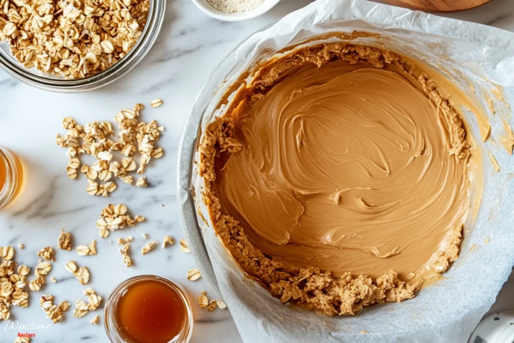 A beautifully arranged kitchen countertop with a mixing bowl filled with creamy peanut butter, oats, and protein powder, surrounded by measuring cups, honey, and chopped nuts. Next to it, a baking dish lined with parchment paper filled with a thick mixture ready to be pressed down