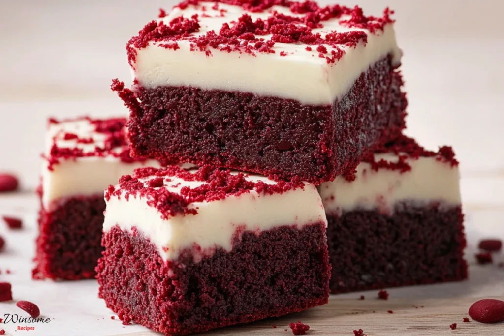 Close-up of rich red velvet brownies, glossy and fudgy texture, dusted with powdered sugar, vibrant red color, decadent chocolate drizzle, placed on a rustic wooden surface, warm ambient lighting highlighting the moisture and richness of the dessert.