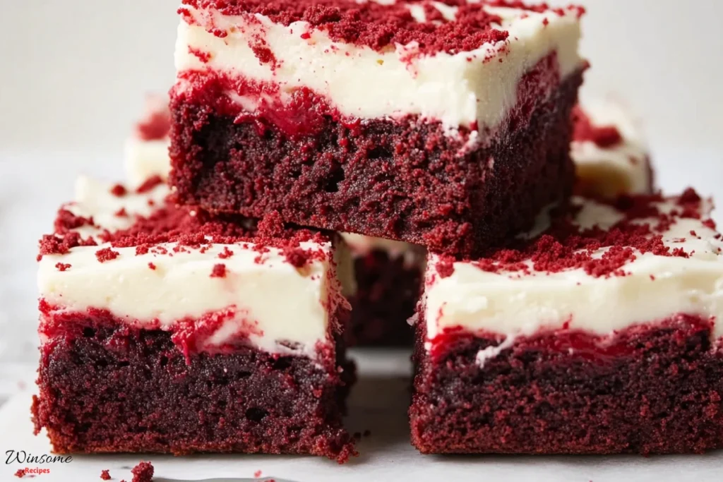Rich red velvet brownies, fudgy texture, vibrant crimson color, topped with creamy white frosting, sprinkled with chocolate shavings, set on a rustic wooden table, warm and inviting atmosphere, with soft natural lighting highlighting the moistness of the brownies.