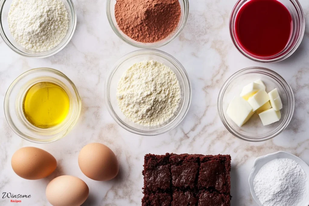 A beautifully arranged flat lay of key ingredients for red velvet brownies