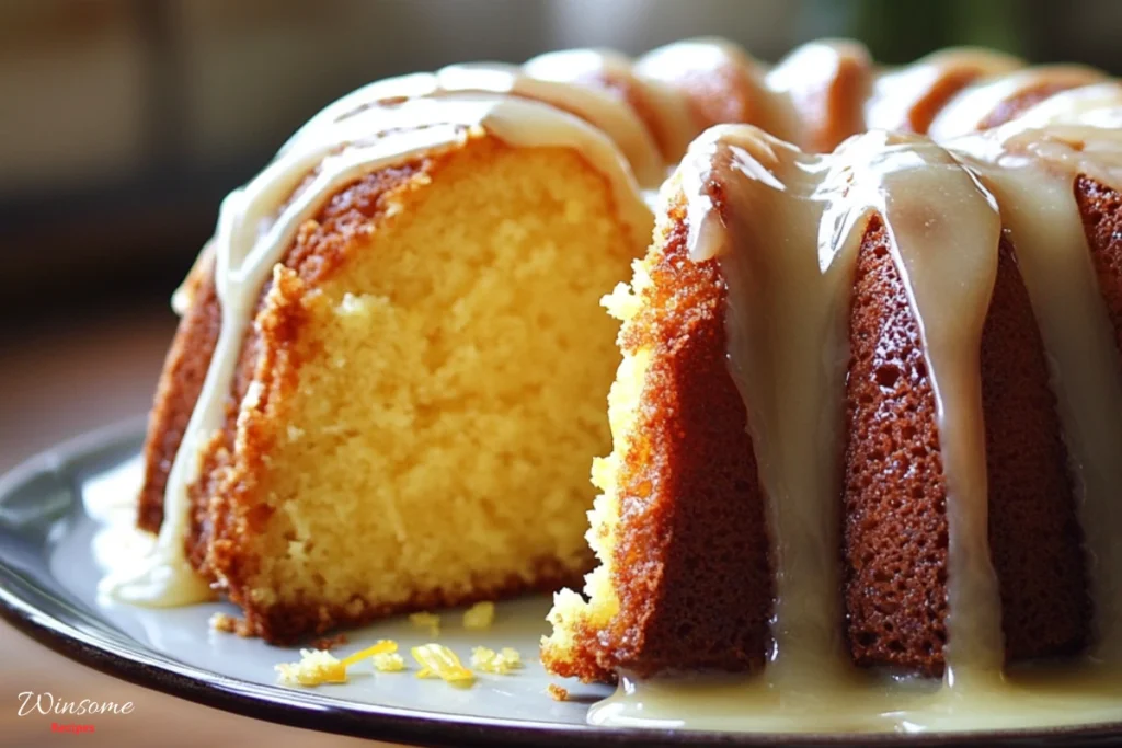 A close-up of a moist bundt cake with a glossy glaze drizzled on top, reminiscent of a classic 7up pound cake recipe. A slice has been cut out, revealing the cake's soft, golden interior on a plate.