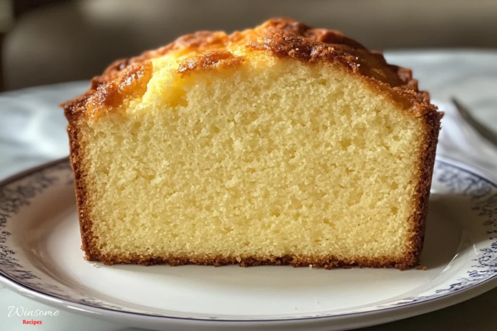A close-up of a sliced 7up pound cake on a decorative plate reveals its light brown crust and soft, yellow interior, enticingly moist and flavorful.