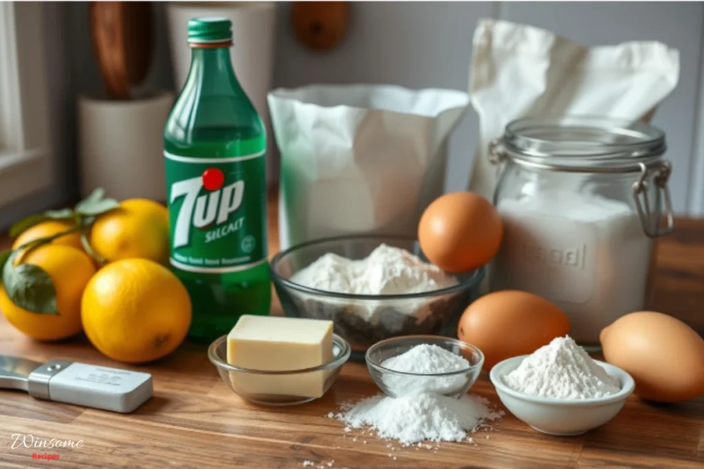 A beautifully arranged collection of ingredients for 7up pound cake: fresh lemons, a bottle of 7up soda, unsalted butter, granulated sugar, large eggs, all-purpose flour, and a pinch of salt, set on a rustic wooden kitchen countertop with soft natural lighting highlighting the textures and colors.