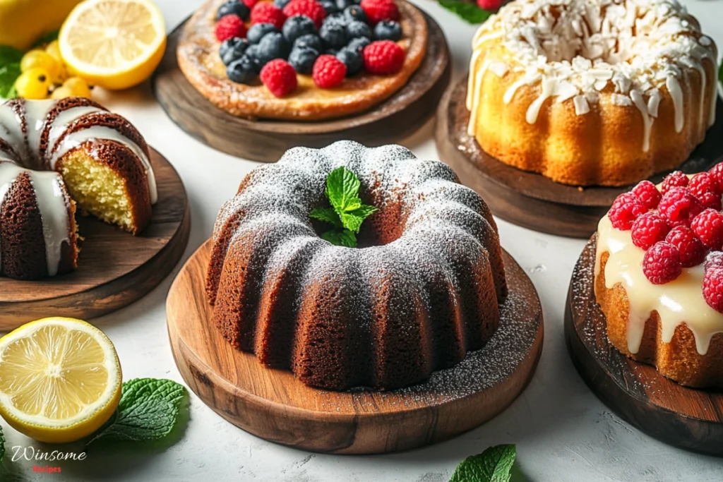A beautifully styled collection of creative 7up pound cake variations, showcasing different flavors and toppings. Include a traditional 7up pound cake with a glossy lemon glaze, a vibrant raspberry swirl version with fresh berries on top, a rich chocolate chip 7up pound cake, and a coconut-flavored variation sprinkled with shredded coconut. Arrange them elegantly on rustic wooden platters, surrounded by fresh fruits and delicate mint leaves, with soft natural lighting enhancing the textures and colors of the cakes.
