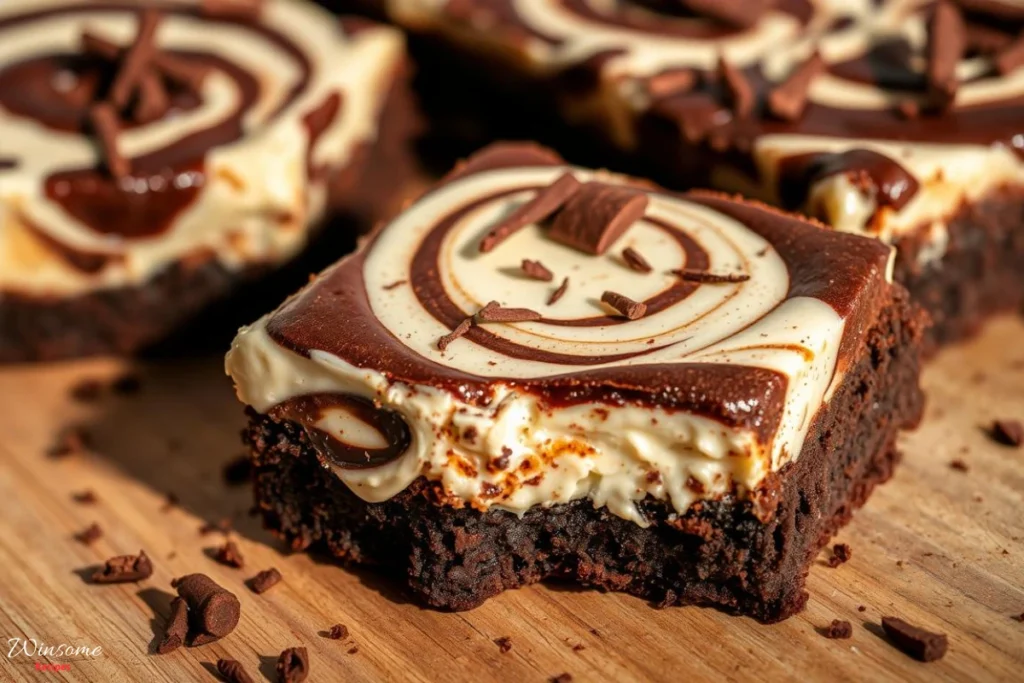Cream Cheese Swirl Brownies featuring rich chocolate swirls and bite-sized portions, perfect for a sweet treat.