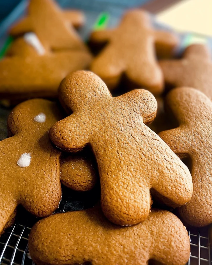 A cooling rack filled with freshly baked gingerbread cookies, showcasing their golden-brown color and festive shapes.