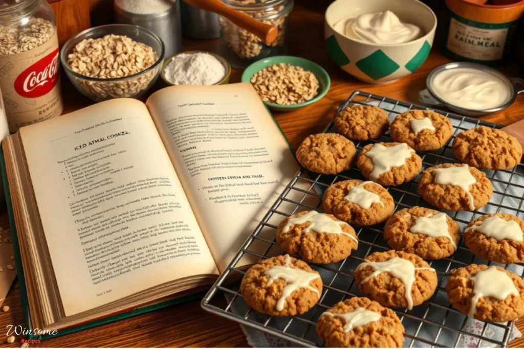 Delicious iced oatmeal cookies beside an open book on a cozy table, inviting a perfect reading and snacking moment.