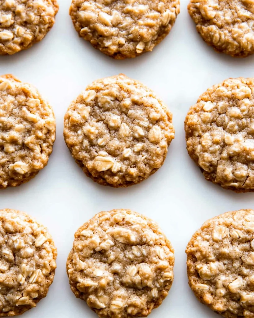A close-up of iced oatmeal cookies arranged neatly on a white surface, showcasing their delicious texture and glaze.