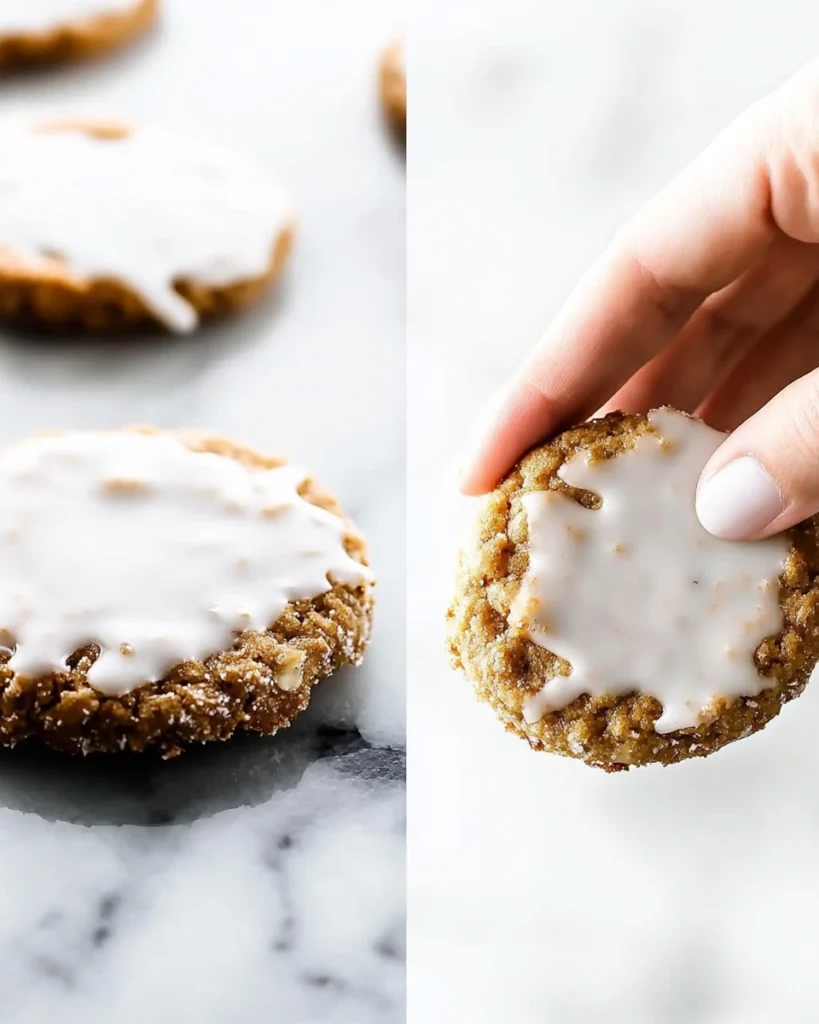 Iced oatmeal cookies displayed in two photos, showcasing their delicious icing and inviting texture.