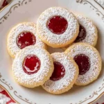 A plate of Linzer cookies dusted with powdered sugar and filled with vibrant jam.