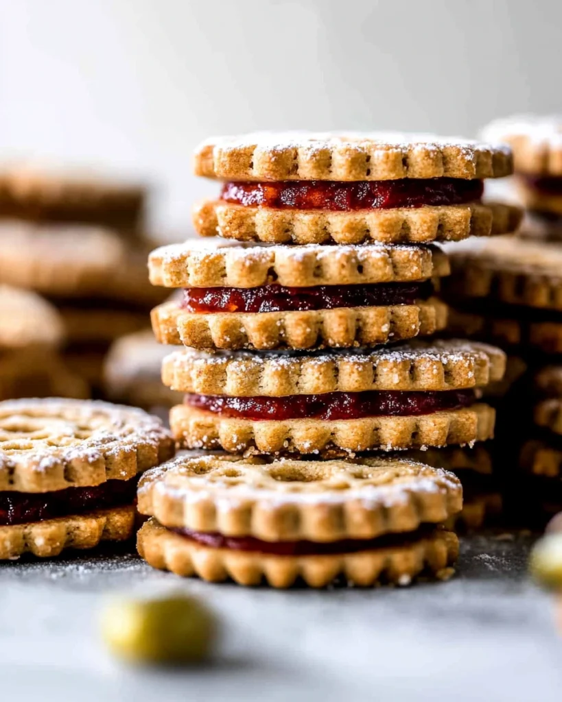 A delightful stack of Linzer cookies topped with vibrant jam, showcasing their sweet and inviting layers.
