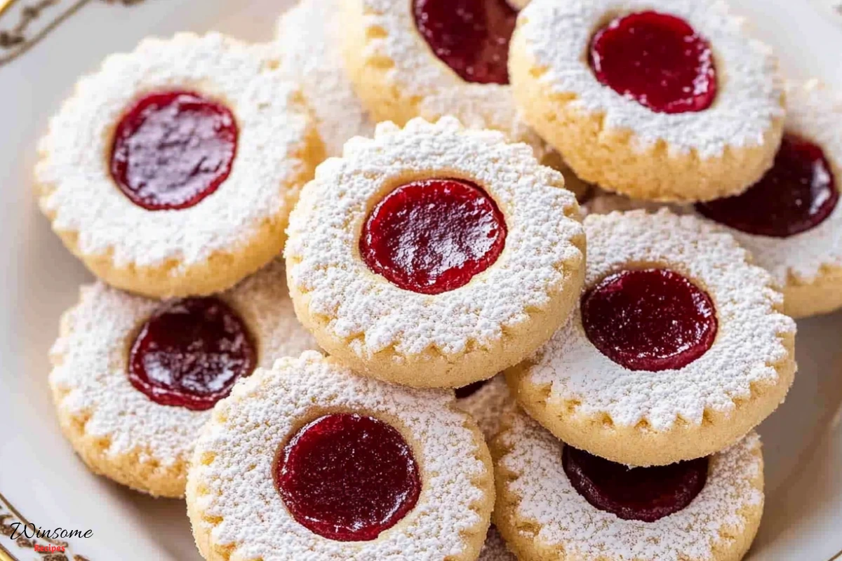 A plate of Linzer cookies dusted with powdered sugar and filled with vibrant jam.