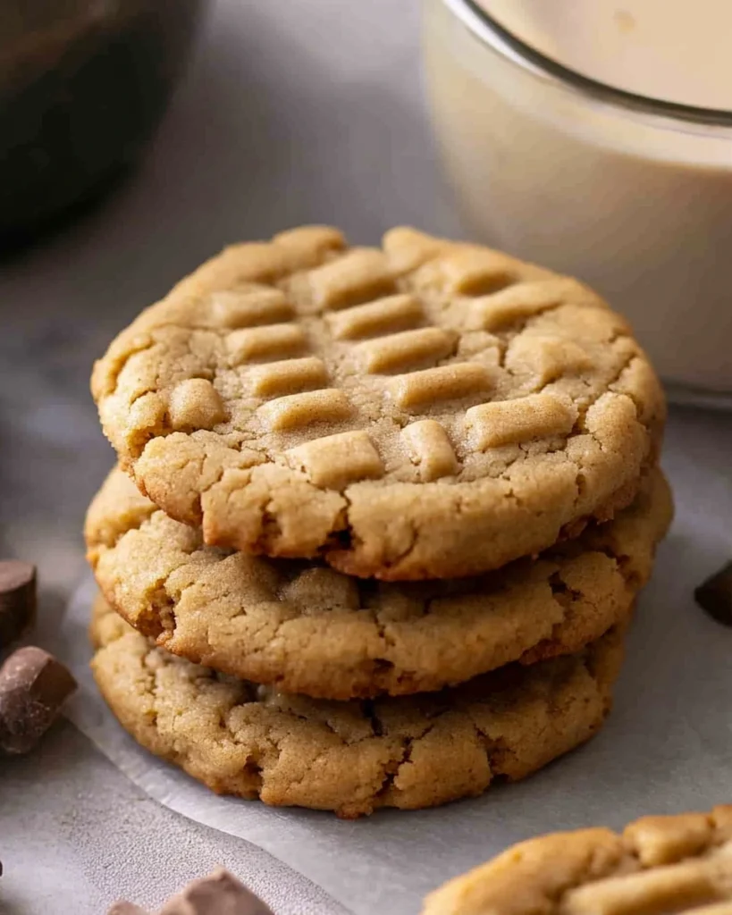 A delicious stack of peanut butter cookies studded with chocolate chips, perfect for a sweet treat or dessert.