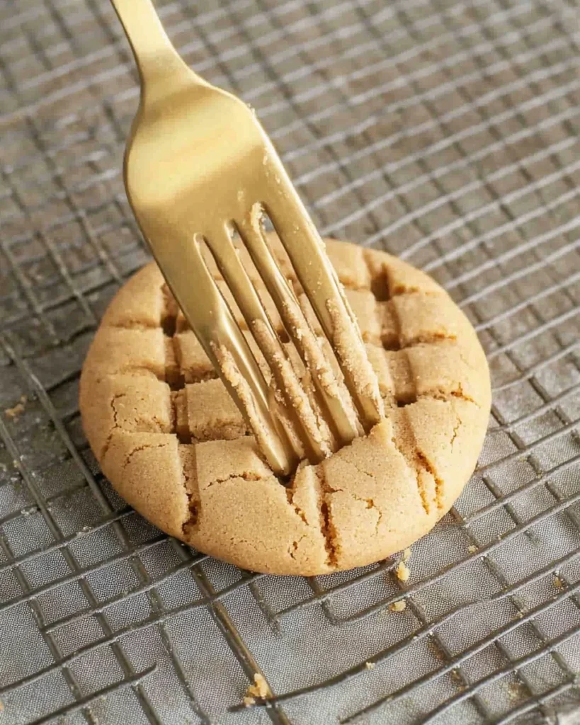 A fork dipping a cookie into creamy peanut butter, showcasing a delicious peanut butter cookie recipe.