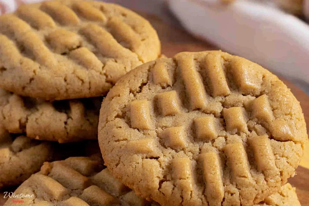 A close-up of a delicious peanut butter cookie resting on a wooden cutting board, perfect for a sweet treat.